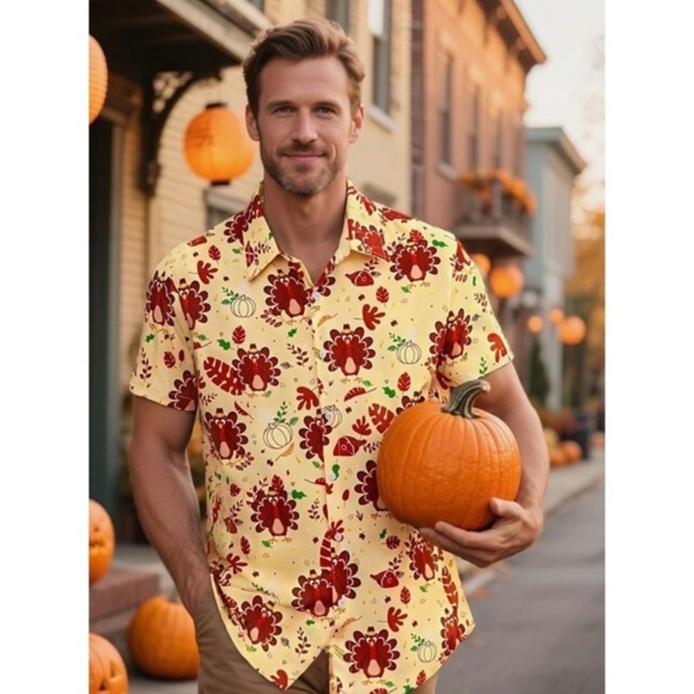 NEW Thanksgiving Turkey Funny Hawaiian‎ Shirt Mens Medium Yellow